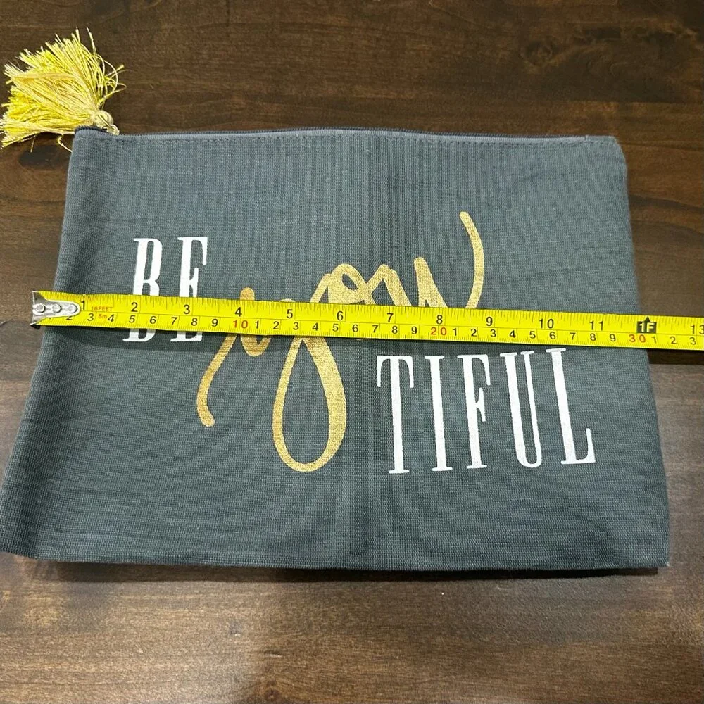 Mud Pie - BeYouTiful Canvas Cosmetic Bag/Pouch - Gray with Yellow Tassel